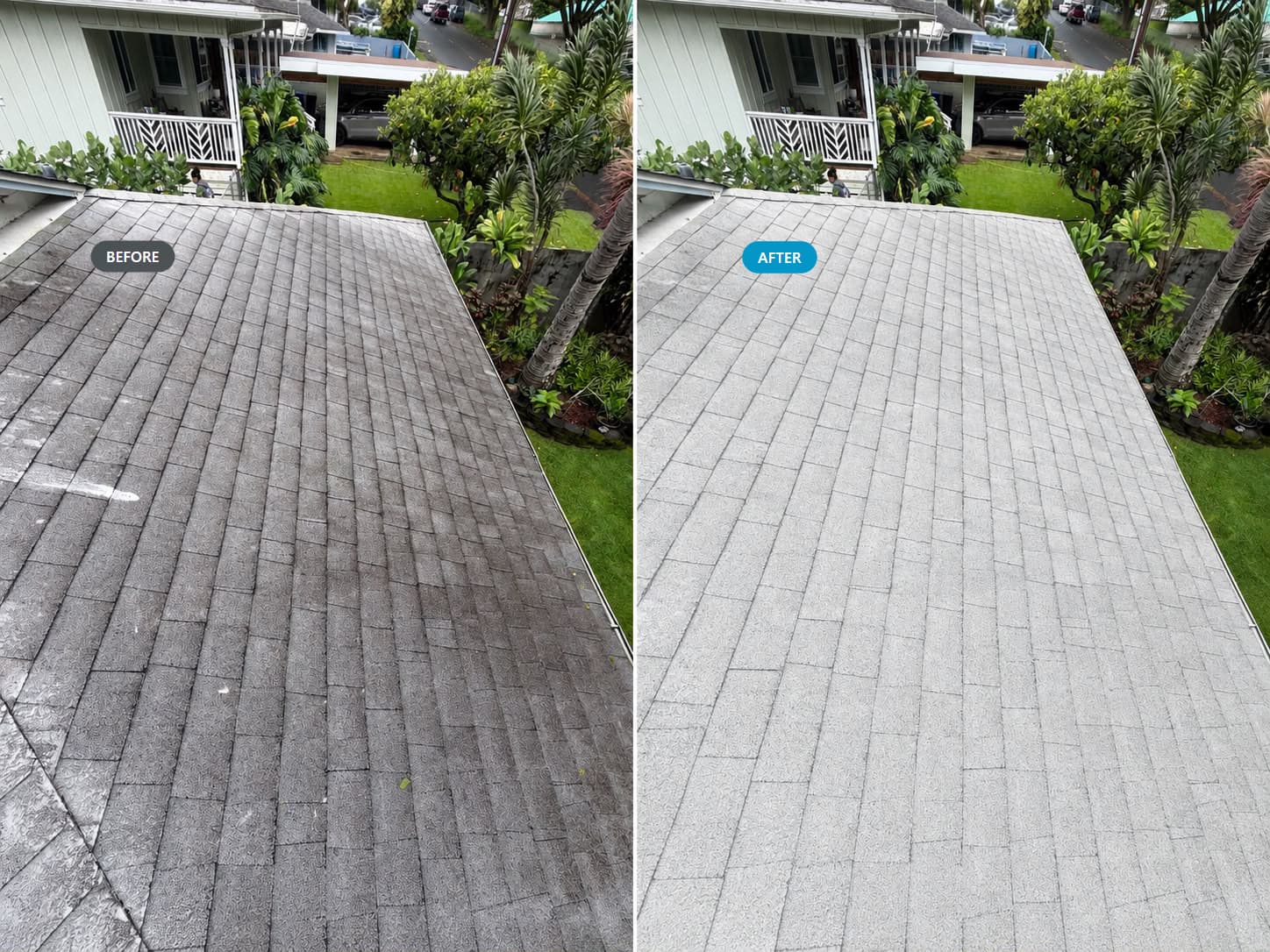 Roof after soft washing on Big Island Hawaii showing clean restored surface